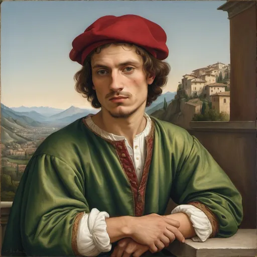 Prompt: A painted portrait of a man waist-up in the style of Italian Renaissance painter Raphael with mountains in the background. A city is also visible in the distance at the base of the mountains. Visable brushwork in the color and canvas texture across the entire image. A slight yellow tint to the image. Slight signs of wear. The man wears traditional Italian clothing, red and green in color as well as a hat. He is fully clothed. He wears a shirt. His expression is neutral. The man faces the right of the painting, eyes forward to the viewer. Done in the style of Italian renaissance painter Raphael. The image has the same composition as Raphael’s portrait of Agnolo in the Italian Renaissance. The techniques used in this painting are egg tempera, oil paints, hybrid mixtures of egg and oil, glue tempera on canvas (known as distemper), and buon fresco techniques. Italian realism and abstraction of the human form in the Italian renaissance style. The man has one arm resting on the banister behind him, the other rests on his lap. The tips of the hands touch. Naturalist abstraction of the man


