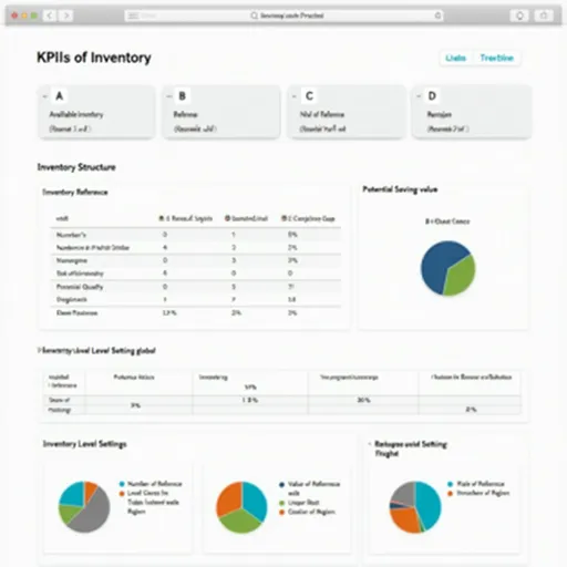 Prompt: Webpage showing KPIs of Inventory, in the first line There are 5 tiles with respectively: Available Inventory in reference, Nb of Reference Out Of Stock, Number of References in excess, Value of the Inventory, Potential Saving global
Underneath there is the title Inventory Structure underlined and bellow it there is a table with 4 lines titled: A, B, C, and D, and three columns titled: Number of References, Percentage of Total Quantity, and Percentage of Total Inventory value. On the right side of the Table there is a   Pie Chart representing the column of value of each line.
Underneath this Table and this pie chart, there is the Inventory Level Settings, with four tiles underneath, first tile has Number of references with Level setting under the Region Best Practice, second Tile with Value of the Gap with the Best Practice of the Region, Third Tile with the Number of Reference above Best Practice of the Region, the Fourth Tile with the Value of the Gap of Excess compared to the Best Practice of the region