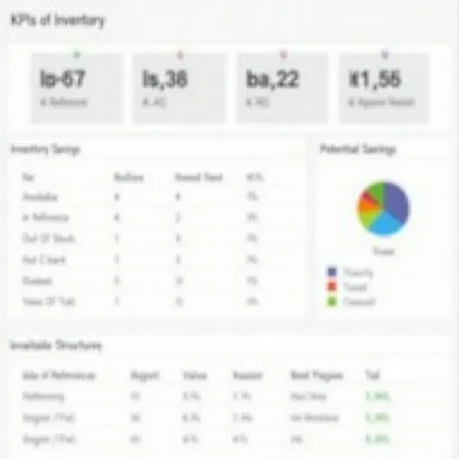 Prompt: Webpage showing KPIs of Inventory, in the first line There are 5 tiles with respectively: Available Inventory in reference, Nb of Reference Out Of Stock, Number of References in excess, Value of the Inventory, Potential Saving global
Underneath there is the title Inventory Structure underlined and bellow it there is a table with 4 lines titled: A, B, C, and D, and three columns titled: Number of References, Percentage of Total Quantity, and Percentage of Total Inventory value. On the right side of the Table there is a   Pie Chart representing the column of value of each line.
Underneath this Table and this pie chart, there is the Inventory Level Settings, with four tiles underneath, first tile has Number of references with Level setting under the Region Best Practice, second Tile with Value of the Gap with the Best Practice of the Region, Third Tile with the Number of Reference above Best Practice of the Region, the Fourth Tile with the Value of the Gap of Excess compared to the Best Practice of the region