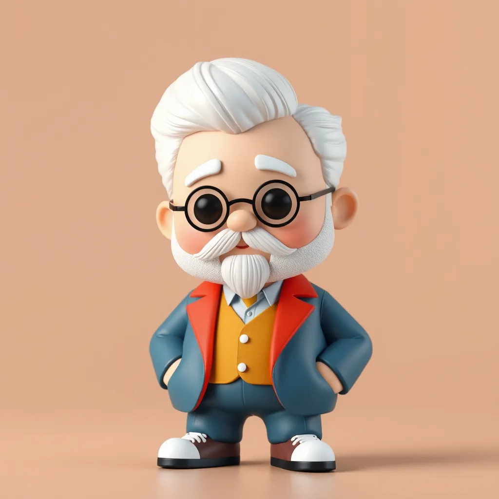 Prompt: Q-version figurine, bubble cushion, cute billionaire, big head and small body, smooth skin, wearing casual clothes with white hair and a small beard, wearing colorful suits, popular on Behance, style like Thomas Danton, 3D, C4D, 8K, HD