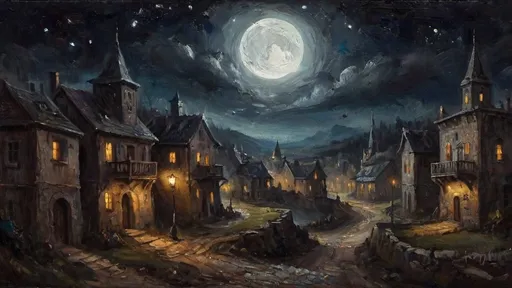 Prompt: A mysterious town, mistycal town, magical town, old town, fantasy, dark, night, stary night, no moon