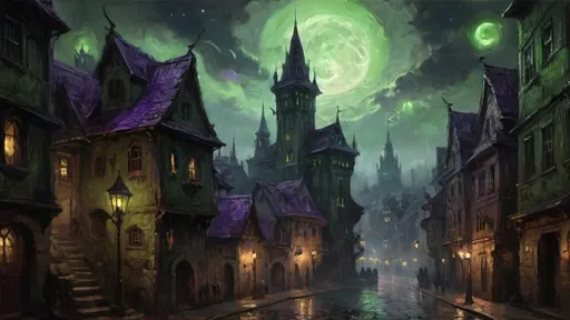 Prompt: A mystical, dark fantasy city under a starry, clouded night sky with no moonlight. The city is filled with tall, crooked buildings resembling ancient witch architecture—twisting towers, pointed roofs, and glowing runes etched into stone walls. The streets are dimly lit by green and purple lanterns, casting eerie shadows. Fog rolls through the alleys, and arcane symbols shimmer faintly in the air. The overall atmosphere is ominous, enchanting, and filled with dark magical energy, as if the entire city was built by witches and spellcasters.