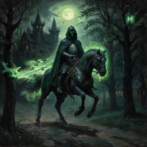 Prompt: A ghost knight emerging from the shadows of a midnight old town, riding a ghostly horse. The knight holds a glowing green flaming sword in his left hand and a lantern in his right. He wears a flowing black cloak, and his left eye glows with an eerie green light. The background is shrouded in darkness with minimal moonlight piercing through the trees. The overall atmosphere is ominous, mysterious, and hauntingly dark.