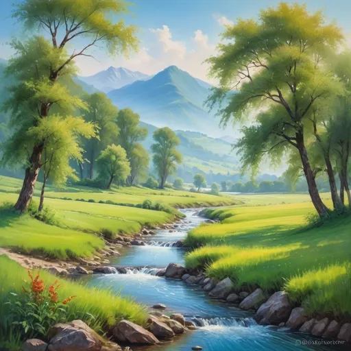 Prompt: (traditional landscape painting), serene countryside, lush green fields, rolling hills, a crystal-clear river flowing through, vivid colors of a bright blue sky, warm sunlight cascading down, distant mountains shrouded in mist, delicate details in foliage, evoking a peaceful atmosphere, high-quality texture, vibrant and rich hues, ultra-detailed brushstrokes, capturing the essence of nature's beauty.