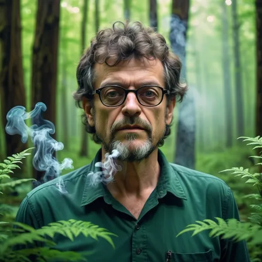 Prompt: (Photorealistic Terence McKenna with smoke surrounding him), lush vibrant forest, dynamic lighting, trippy effects, capturing essence of mind-altering experience, dramatic color tones, high depth cinematic, surreal atmosphere, ethereal glow, vivid greens and rich earthy tones, mystical ambiance, ultra-detailed, 4K, pulsating light patterns, forest floor covered in intricate foliage, mystical plants illuminating the surroundings, haze from the smoke blending with light, hypnotic visuals.