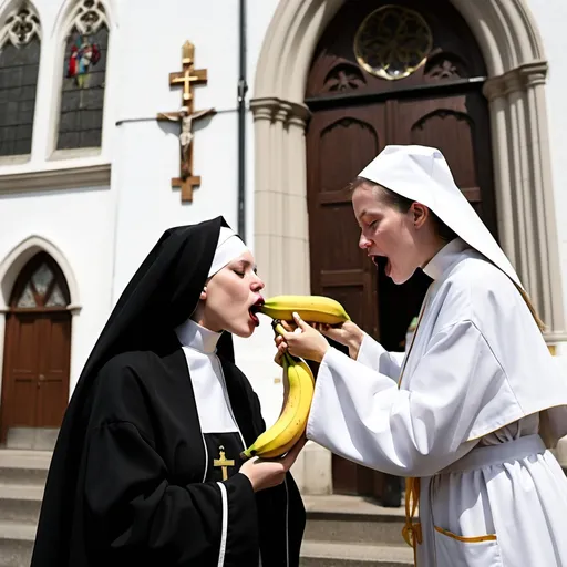 Prompt: A woman stands in front of a church, wearing a nun's robe, and licks a banana that a priest gives her.