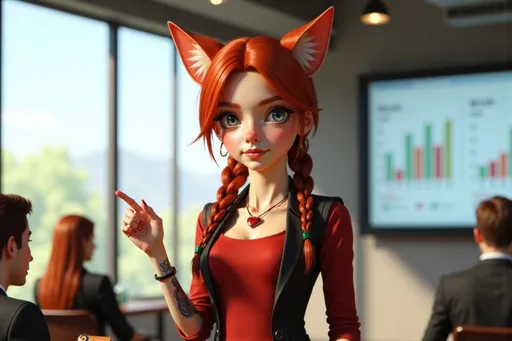 Prompt: 3D digital illustration female catgirl bdfe5d20 with long red hair in braids, fox ears, green eyes, red top, arm tattoo, heart necklace wearing formal business attire, standing confidently in front of a large digital screen or projector, mid-presentation, gesturing with one hand while holding a remote or pointer in the other, professional and focused expression, sleek modern office or conference room setting, daylight coming through large windows, seated audience slightly blurred in the background, business charts or graphs visible on the screen, dynamic and engaging composition, business theme, confident and charismatic posture.