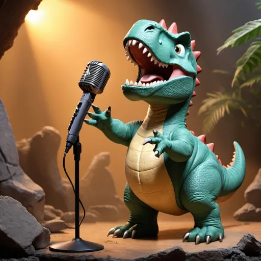 Prompt: Dinosaur is singing about iron