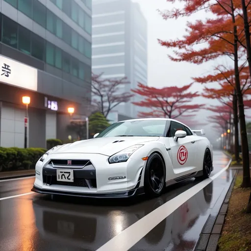 Prompt: A gtr 35 park in Japan cyber city with foggy 