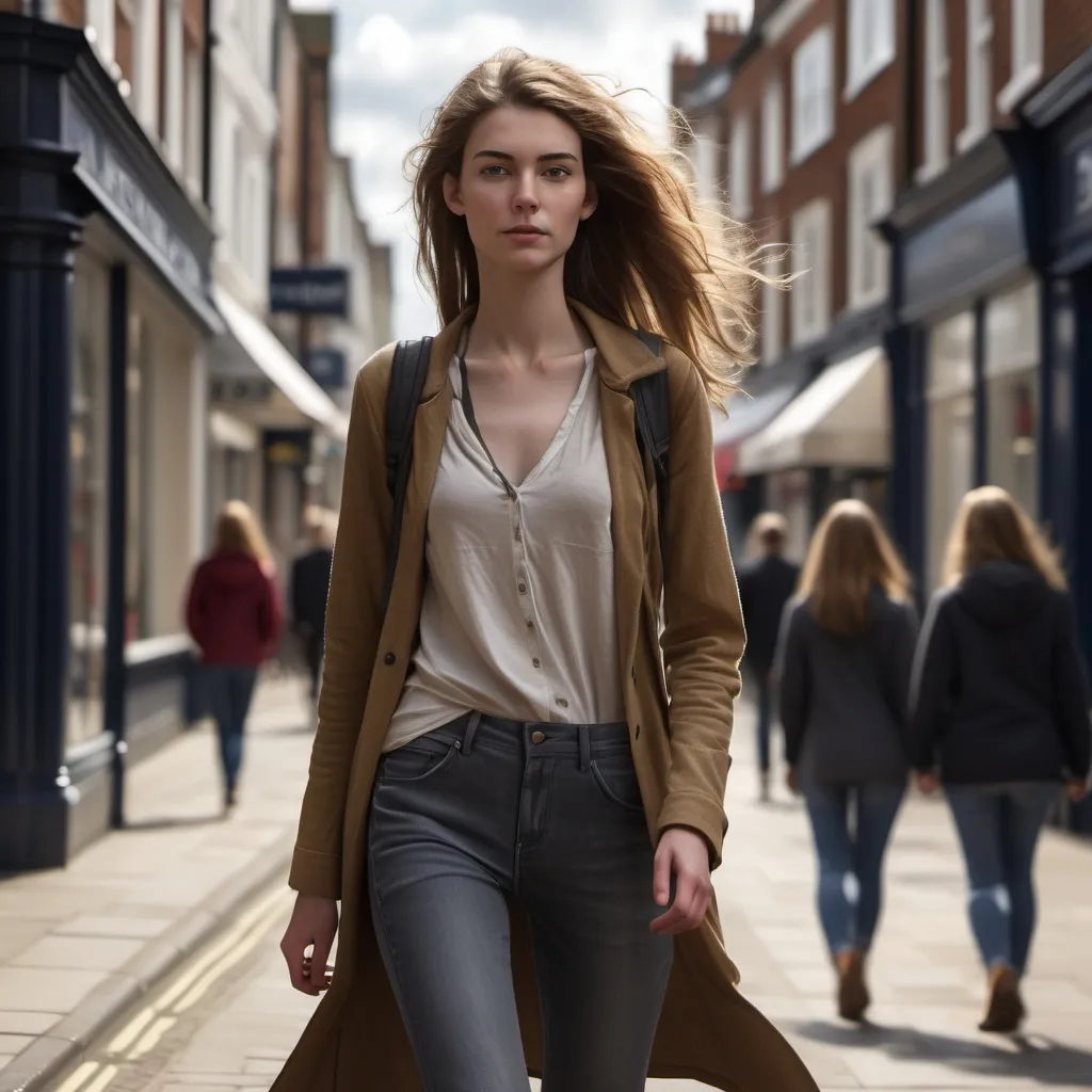 Prompt: Tall young woman walking down the high street, detailed clothing, realistic, natural lighting