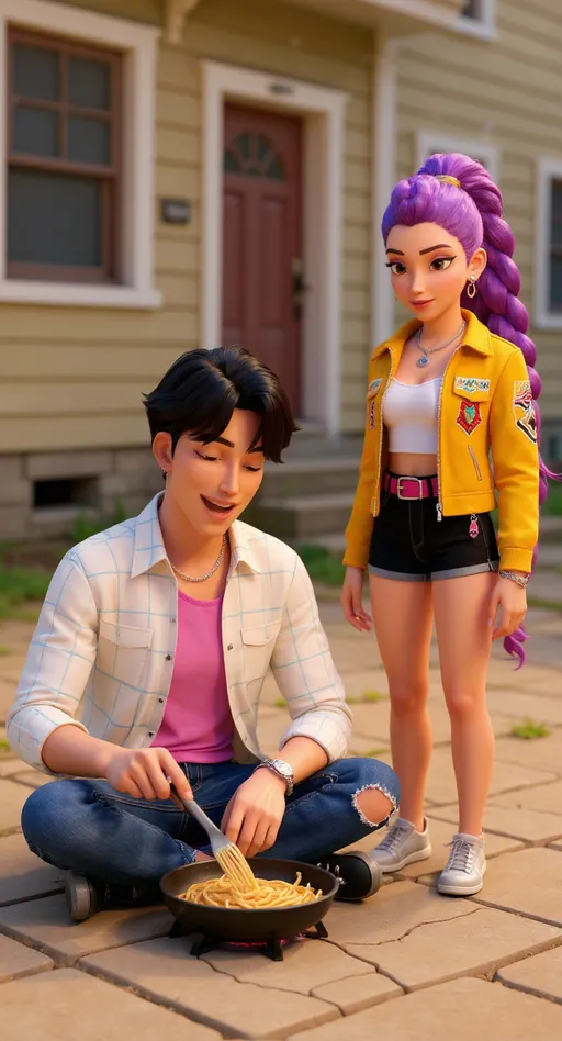 Prompt: "Disney-Pixar style ultra-realistic 3D render of a cracked, dusty suburban house exterior in the USA during daytime. The house looks worn out with cracks on the walls and faded paint. The garden area is neglected, with no trees, grass, or greenery. The ground is covered with worn-out square tiles, slightly dusty but clean in pattern, showing no signs of plants or soil. The environment is bright with soft daylight, and every detail of the textures is clearly visible without any background blur.

In the center foreground: Jinu, a 3D cartoon Korean boy with fair skin, soft facial features, and short wavy black hair parted in the middle. He has expressive eyes and a gentle smile. He is wearing a white button-up shirt with a light blue checkered pattern over a bright pink t-shirt and blue slim-fit jeans with a tear at the knee. Jinu is sitting cross-legged on the tiled ground near a small fire pit, stirring noodles in a pan with focused attention.

Standing beside him is Rumi, a Disney-Pixar style trendy cartoon girl with long thick purple hair tied in a high braid ponytail, big expressive eyes, and bold animated features. She is wearing a yellow cropped jacket with detailed embroidery patterns over a white crop tank top, paired with black shorts and a pink belt with a dangling charm. Accessories include silver chain necklaces and small earrings. Rumi stands watching the noodles being cooked with eager curiosity and excitement.

The scene focuses on their interaction beside the small fire pit with a cooking pan. There is no greenery, only tiled flooring and the cracked house structure.

Camera angle: Eye-level, centered, capturing Jinu sitting and cooking while Rumi stands beside him, both visible clearly.

Lighting: Bright daylight with soft natural shadows, vibrant cartoonish Pixar look but ultra-detailed environment. 9:16 ratio"