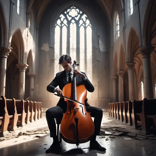 Prompt: a cellist man wearing suit, playing cello in the middle of the broken church, gothic and fantasy style, warming light, gothic, 