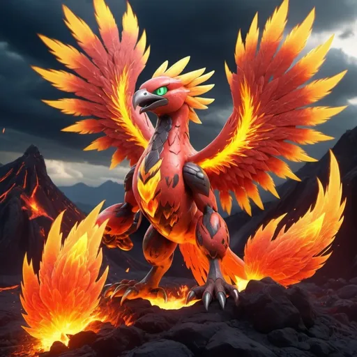 Prompt: (peonixmon, a fire type pokemon), vibrant and fiery, blazing red, orange, and yellow colors, dramatic flames, intense heat, mythical bird-like creature, majestic pose, powerful wings, high detail feathers, glowing embers floating around, epic and action-packed, fantasy atmosphere, high dynamic range lighting, Ultra HD, highly detailed, cinematic background, mystical landscape with volcanos and molten lava, dramatic sky with storm clouds.