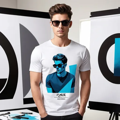 Prompt: Create a vibrant and eye-catching Instagram advertisement for a print-on-demand clothing store, IconX Store (iconxstore.com). The design should feature a young, trendy male model wearing a stylish t-shirt with a custom design. Emphasize the ability to print custom designs and highlight the feature of designing your own prints. Use colors that match the store's branding, including shades of blue, white, and black. Incorporate elements like a designer's workspace with tools and sketches in the background, and showcase the ease and creativity of the design process. The advertisement should be visually appealing and engaging, drawing attention to the uniqueness and quality of the clothing offered.