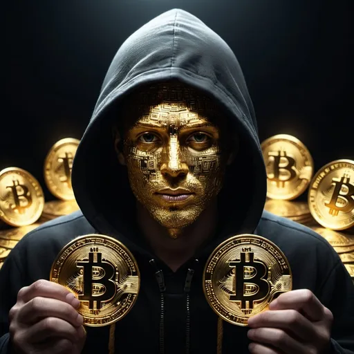 Prompt: a mysterious person in a hood with a questionmark n his face, behind him are bitcoins, realistic