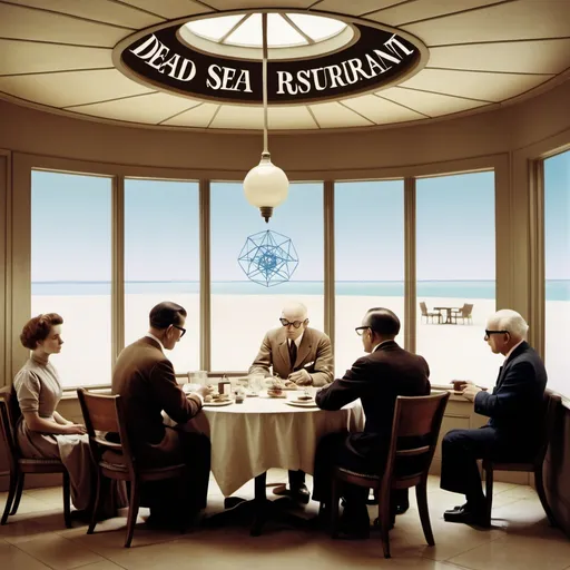 Prompt: a group of people sitting around a table in a room with a large window and a sign that says dead sea lid restaurant in 1908, Buckminster Fuller, massurrealism, 1 9 6 0 s, a colorized photo