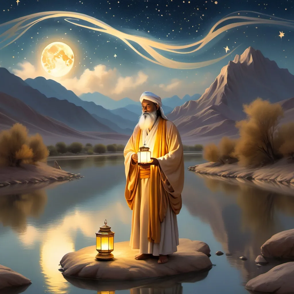 Prompt: "A serene and ethereal landscape featuring a mystical Sufi master in flowing robes, standing by a calm, reflective river under a vast, starry sky. The scene is bathed in golden light, with soft clouds and a peaceful atmosphere. The Sufi master holds a glowing lantern, symbolizing inner enlightenment, as a gentle breeze swirls around. The background includes distant mountains, symbolizing spiritual ascent, and delicate lotus flowers floating on the water, representing purity. The entire scene feels dreamlike and transcendent, with a focus on tranquility, wisdom, and connection to the divine."