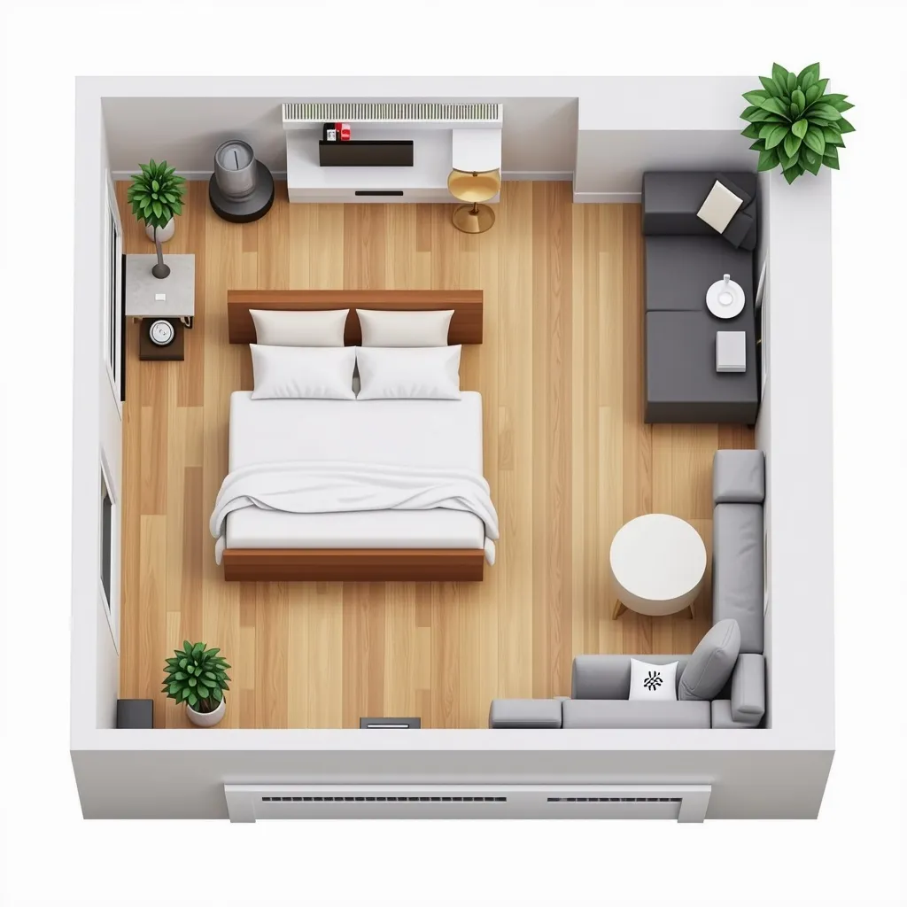 Prompt: a floor plan of a small apartment with a bedroom and a living room area with a bed and a desk, Bela Čikoš Sesija, superflat, isometric view, a digital rendering