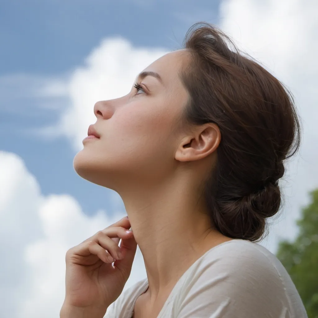 Prompt: joung woman romantic, three quart, looking thoughtful, looking upward right to the sky, profile