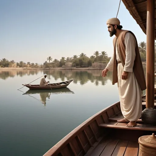 Prompt: Boat on tranquil water, man standing on deck, man in small boat, Altoon Sultan, hurufiyya, finely detailed, matte painting, serene atmosphere, high quality, realistic style, natural earthy tones, detailed water reflections, peaceful setting, traditional technique, serene lighting