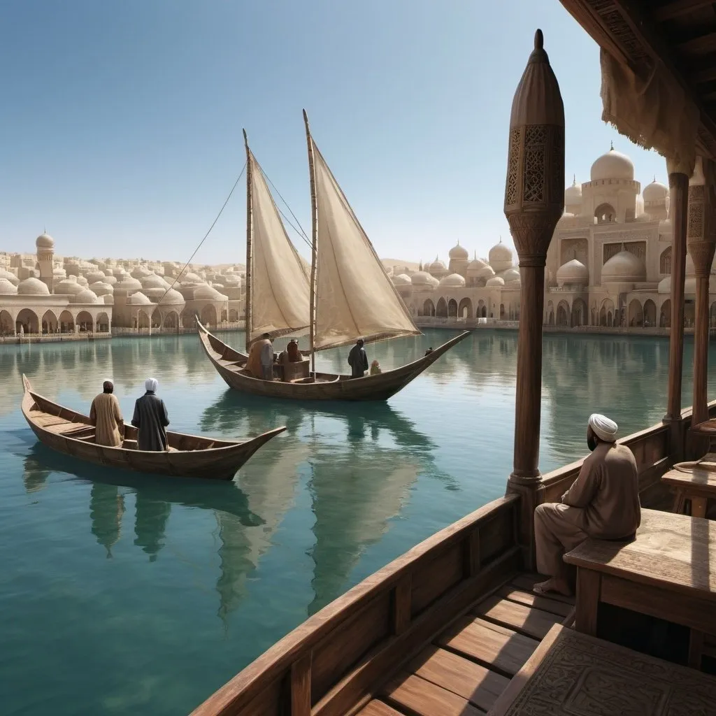 Prompt: a boat is in the water with a man on it and a man on a boat in the water, Altoon Sultan, hurufiyya, finely detailed features, a detailed matte painting