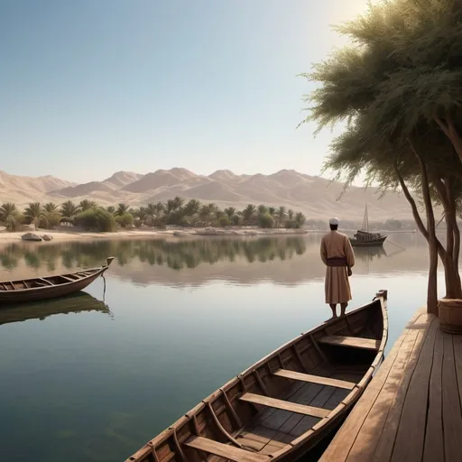 Prompt: Boat on tranquil water, man standing on deck, man in small boat, Altoon Sultan, hurufiyya, finely detailed, matte painting, serene atmosphere, high quality, realistic style, natural earthy tones, detailed water reflections, peaceful setting, traditional technique, serene lighting