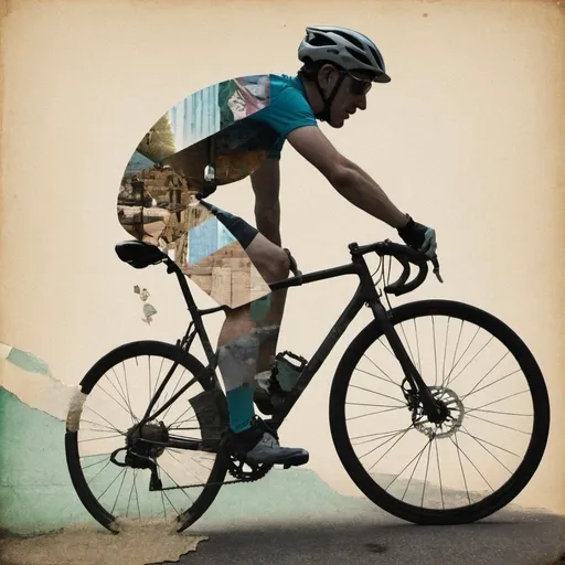 Prompt: collage technique image of a cyclist on his bicycle