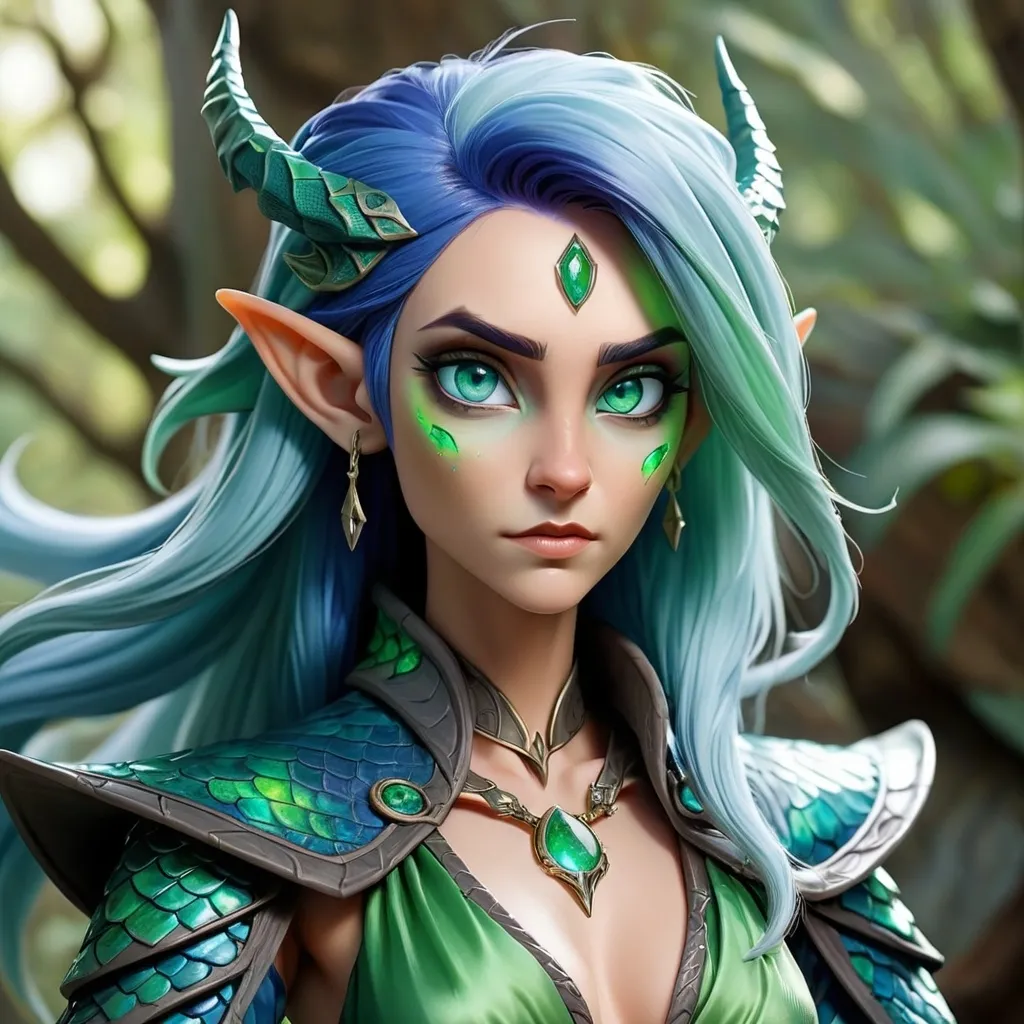 Prompt: High elf draconic sorcerer with blue hair with green highlights. She has dragon scales on her forehead and body. The scales are opalescent in color. She has reptilian emerald green eyes. She wears blue silk robes.