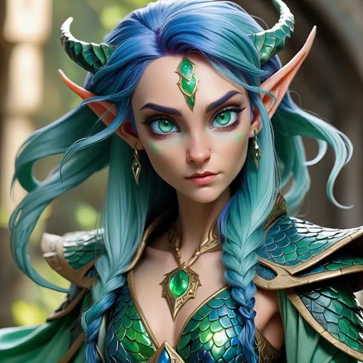 Prompt: High elf draconic sorcerer with blue hair with green highlights. She has dragon scales on her forehead and body. The scales are opalescent in color. She has reptilian emerald green eyes. She wears blue silk robes.