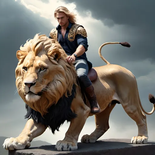 Prompt: A DARK  blonde guy very cool looking and riding a godlike lion