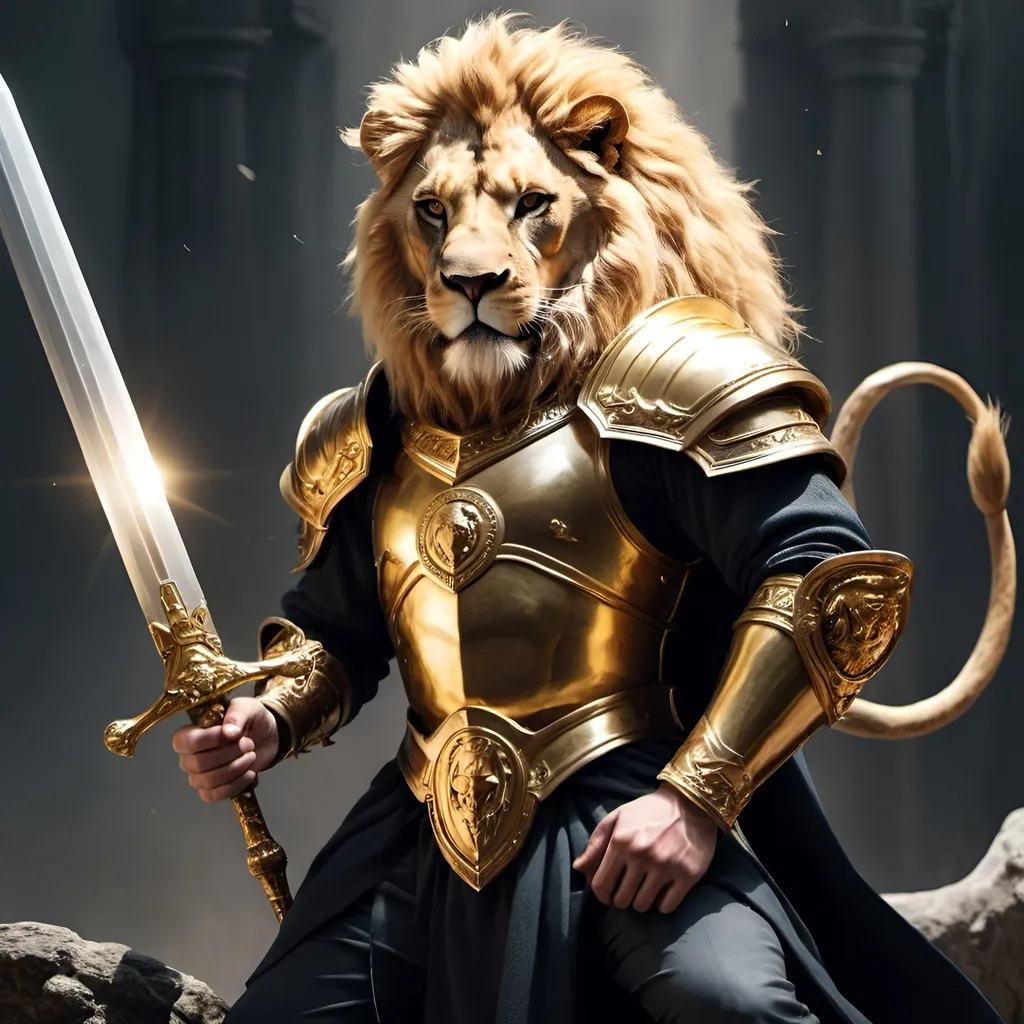 Prompt: A DARK  blonde guy very cool looking and riding a godlike lion and holding a golden sword