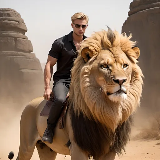 Prompt: A dark blonde guy very cool looking and riding a godlike looking lion 