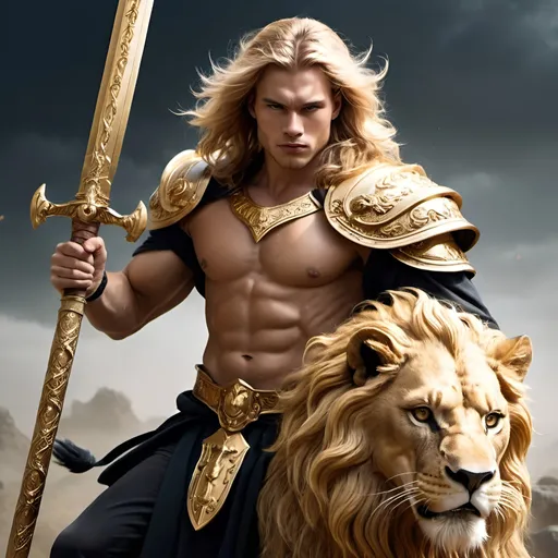 Prompt: A DARK  blonde guy very cool looking and riding a godlike lion and holding a golden sword