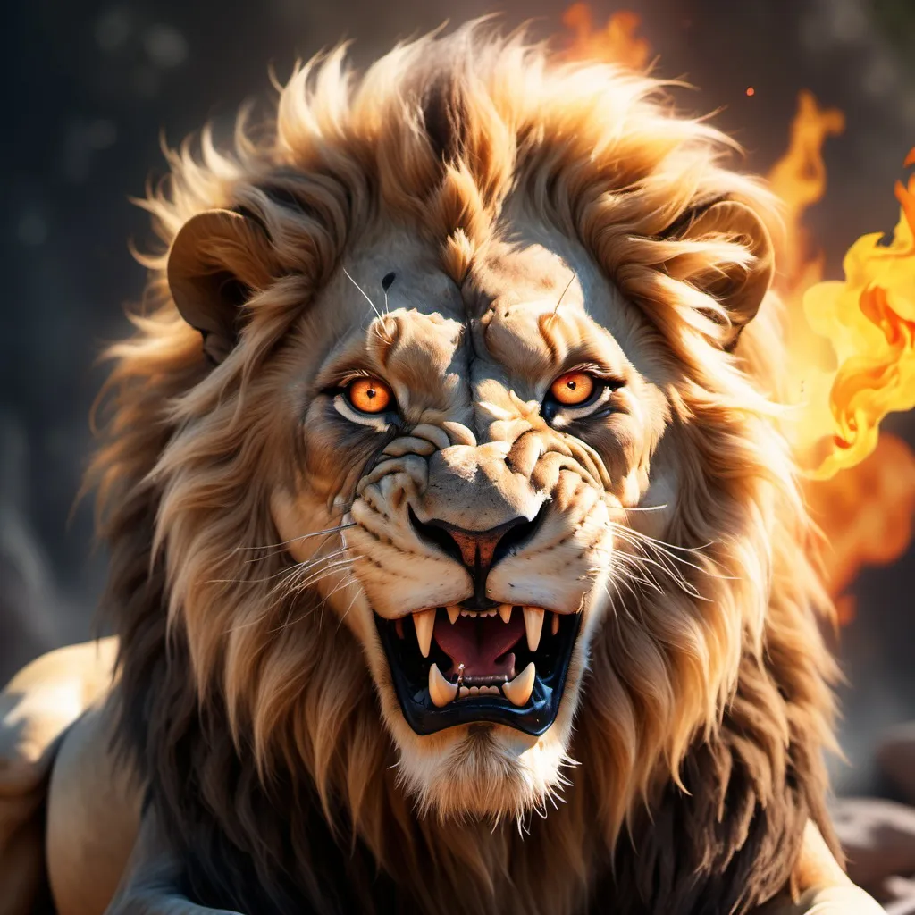 Prompt: hyper-realistic wounded lion with fire eyes, fantasy character art, illustration, dnd, warm tone