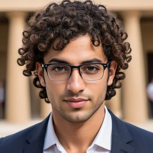 Prompt: best looking egyptian with little curly hair with 8 pack and bulk with glasses