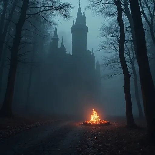 Prompt: darker forest, foggy, castle, campfirem