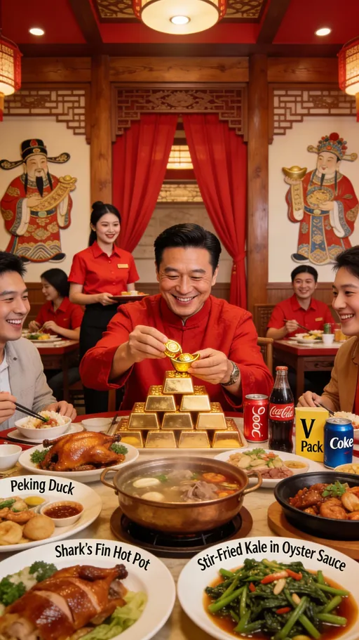 Prompt: รูปเจ้าสัวชายวัยกลางคนสวมเสื้อผ้าสีแดงหน้าตายิ้มแย้มนั่งอยู่ในห้องอาหารจีนตกแต่งด้วยไม้สักเป็นรูปเก่งจีนผ้าม่านสีแดงบุคลากรใส่เสื้อสีแดงทั้งผู้หญิงผู้ชายบนโต๊ะมีกองทองแท่งเจ้าสัวนั่งมองและดับทองแท่งอย่างมีมีความสุขข้างข้างทองแท่งมีอาหารหลากหลาย เป็ดย่างปักกิ่งโง่หม้อไฟหูฉลามผัดคะน้าน้ำมัน  เป็ดย่างปักกิ่งโง่หม้อไฟหูฉลามผัดคะน้าน้ำมันหอยโค้กช็อป V pack กิ้ง Sort มีเพื่อนนั่งทานกับเจ้าสัวสี่ห้าคนทุกคนมีความสุขสุขสนานบรรยากาศรอบห้องสดใสไปด้วยสไตล์ภัตตาคารจีน