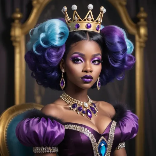 Prompt: A beautiful bubble black queen with purple & blue fox tail dipped hair. She is wearing a crown.She is wearing a plum sugar dress with ribbons surrounding ĥer. She has gold grills with diamonds. The dress has cut up sleeves. She is striking a pose