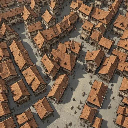 Prompt: busy medieval fantasy city streets with many alleyways birds eye view map
