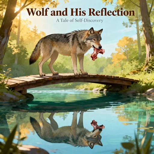Prompt: Si Lobo at ang Kaniyang Repleksyon  

         Isang hapon, masayang naglakad si Lobo pauwi ng kanilang bahay. Bitbit niya ang isang piraso ng karne na nakuha niya mula sa gubat. Habang naglalakad, nadaanan niya ang tulay na may malinaw na tubig sa ilalim. Pagyuko niya, nakita niya ang isa pang lobo na may karne rin. “Uy, may isa pang karne! Mas malaki pa sa akin!” sabi niya sa kaniyang isip. Ibubuka na sana ni Lobo ang bibig para agawin iyon, pero tumigil siya sandali. Tiningnan niyang mabuti ang tubig. “Bakit parang gumagalaw siya kasabay ko?” tanong niya sa kaniyang sarili. Gumalaw siyang muli at gumalaw din ang lobo na nasa tubig. Ngumiti siya nang bahagya. “Ah, ako pala ‘yan.” Tumango- tango si Lobo. “Buti na lang nag-isip muna ako,” mahina niyang sabi. Pagkatapos, nagpatuloy siyang maglakad pauwi, naka-ngiting dala-dala pa rin ang karne na kanina pa niya tangay-tangay. 

(pwede mo ba itong gawan ng book cover)