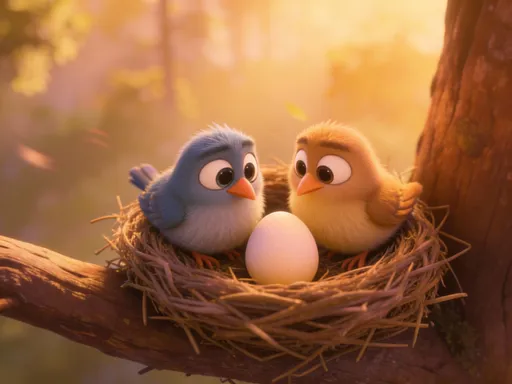 Prompt: Two cute parent birds sitting together in a nest,
looking down at a single egg with hope and excitement,
Pixar-style 3D characters,
round shapes, big expressive eyes,
soft feathers, warm colors,
gentle facial expressions,
cinematic depth of field,
slow dolly-in camera movement,
emotional and heartwarming mood


