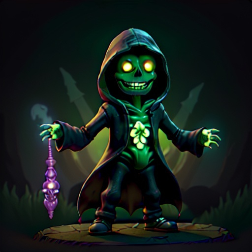 Prompt: a hooded skeleton, who is a necromancer, visibly laughing maniacally to himself while casting a spell with his arms wide open, and his hands glowing with green magic while being somewhere on the height level of elbows or shoulders