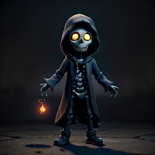 Prompt: a hooded skeleton, who is a necromancer, giggling to himself while casting a spell with his arms open