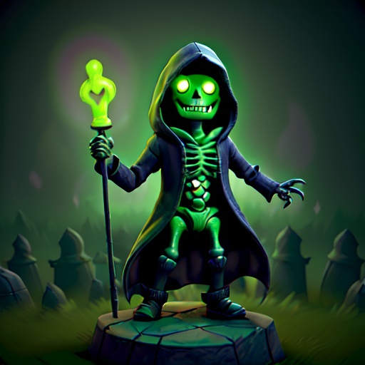 Prompt: a hooded skeleton, who is a necromancer, visibly laughing maniacally to himself while casting a spell with his arms wide open, and his hands glowing with green magic while being somewhere on the height level of elbows or shoulders