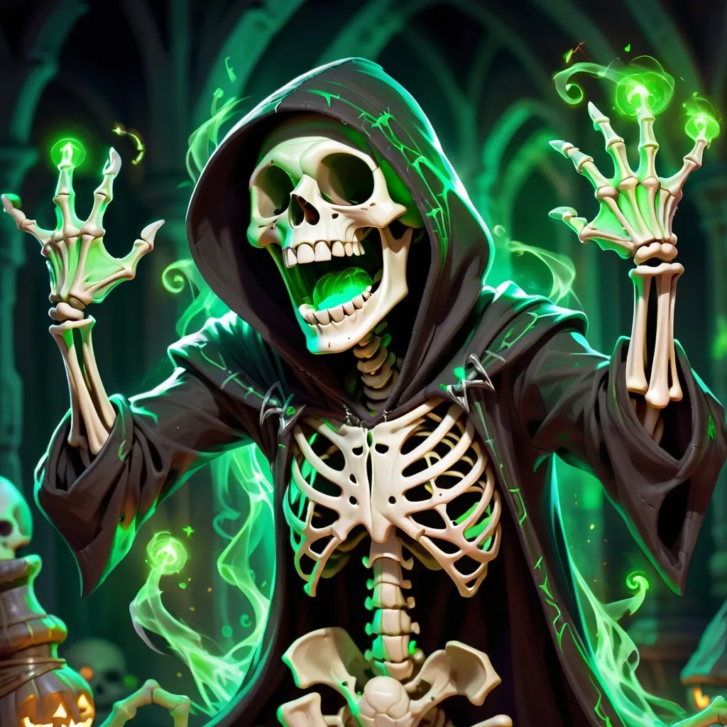 Prompt: a hooded skeleton, who is a necromancer, visibly laughing maniacally to himself while casting a spell with his arms wide open, and his hands glowing with green magic while being somewhere on the height level of elbows or shoulders