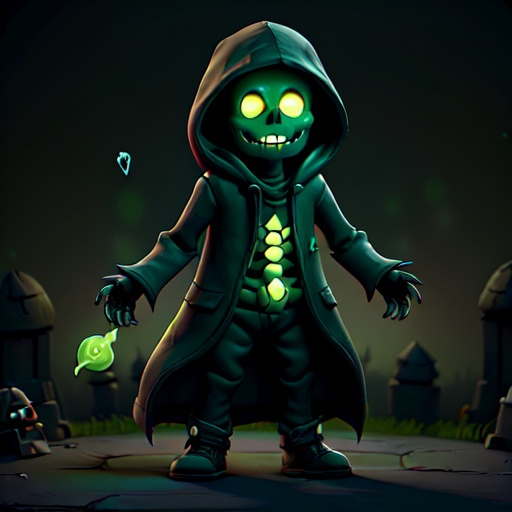 Prompt: a hooded skeleton, who is a necromancer, giggling to himself while casting a spell with his arms wide open and his hands glowing with green magic