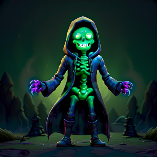 Prompt: a hooded skeleton, who is a necromancer, visibly laughing maniacally to himself while casting a spell with his arms wide open, and his hands glowing with green magic while being somewhere on the height level of elbows or shoulders
