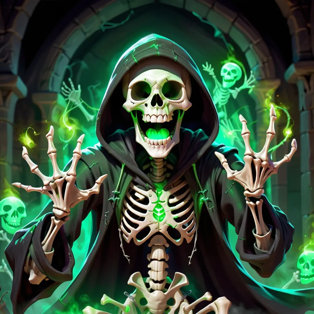 Prompt: a hooded skeleton, who is a necromancer, visibly laughing maniacally to himself while casting a spell with his arms wide open, and his hands glowing with green magic while being somewhere on the height level of elbows or shoulders