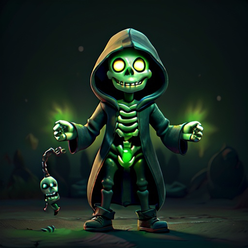 Prompt: a hooded skeleton, who is a necromancer, giggling to himself while casting a spell with his arms wide open and his hands glowing with green magic