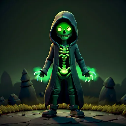 Prompt: a hooded skeleton, who is a necromancer, giggling to himself while casting a spell with his arms wide open and his hands glowing with green magic